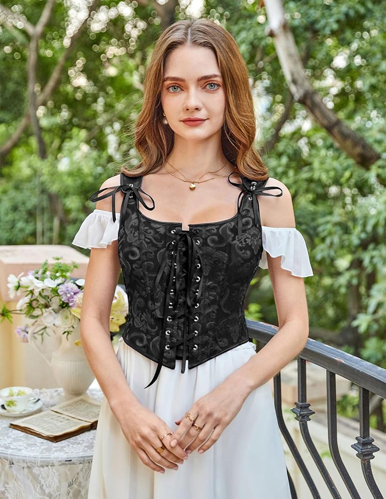 新品タグ付き♡Ribbon chain lace up corset tops LMSXCT Women's Pearl Chain Embellished Vintage Ribbon Lace